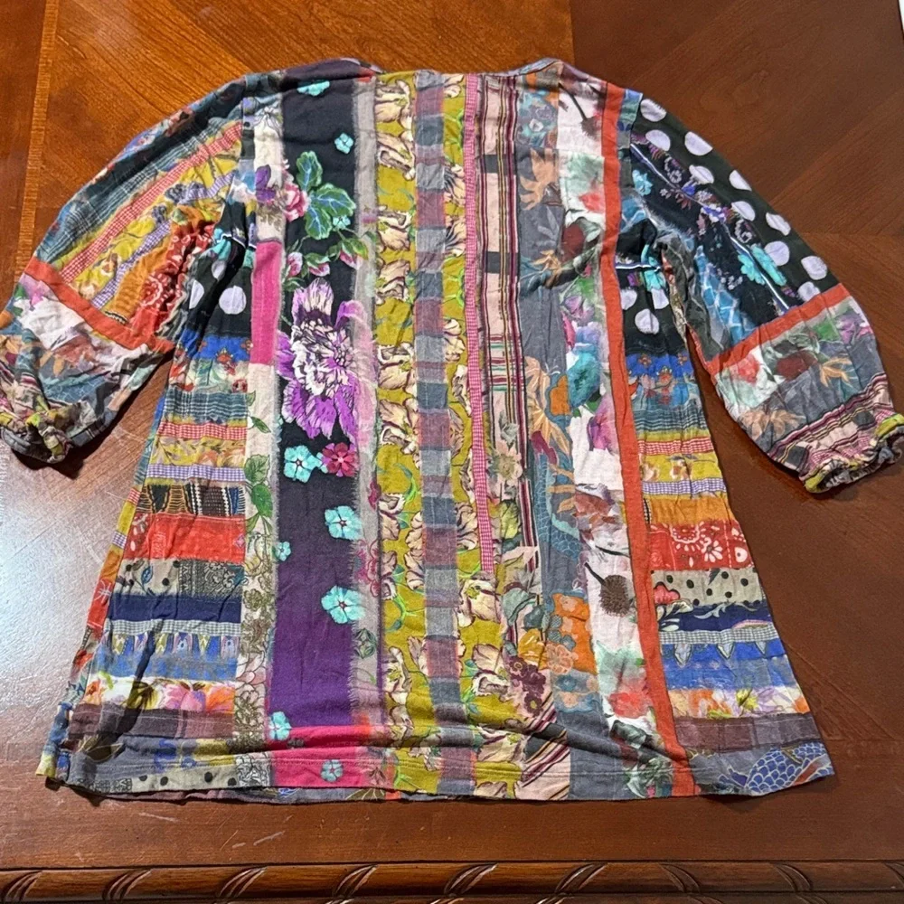 Johnny Was Multicolor sonnet patchwork puff sleeve Floral Geometric Top Sz XS